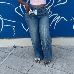 Women's Blue Jeans with Rhinestone Detailing